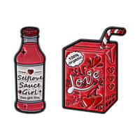 Broches en émail créatives « Selflove Sauce Girl SELF Love JUICE » : design bouteille de sauce et boîte de jus, badges de revers, bijoux, cadeaux pour amis