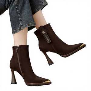 Women's Brown PU Plush <b>Ankle</b> Boots Pointed Toe Thin Heel Autumn Winter Fashion <b>Booties</b> Evening Wear - Product Image 1