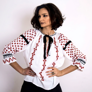 Women Bohemian Embroidered Organza Blouse Bow Collar <b>Balloon</b> Sleeves <b>White</b> Red Floral Print Loose Fit 100% Polyester Summer Wear - Product Image 1