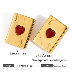 Custom <b>Gold</b> Color Lady Earring 14k 18k PVD <b>Gold</b> Plated Fashion 316L Stainless Steel Red Zircon Playing <b>Card</b> Earrings For Women - Product Image 6