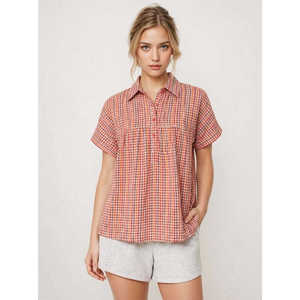 Women Plaid Shirt Short Sleeve Button Front Casual Regular Fit 100% Cotton Eco-Friendly Breathable ODM Spring Summer Shirt - Product Image 2