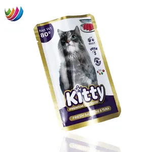 Sacs de pochette d'emballage imprimés personnalisés thermoscellables Stand Up Wet Cat Food en aluminium avec cornue