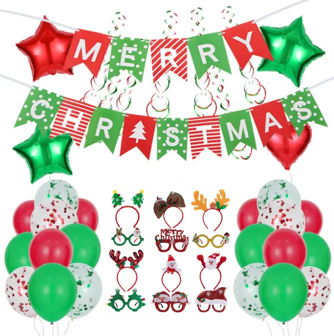 メリークリスマスパーティー緑赤ラテックス風船とバナーガーランドぶら下げ渦巻き頭飾りメガネ写真小道具新年の装飾