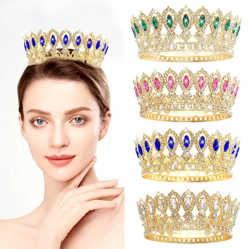 Hochwertige Goldkrone einfache mehrfarbige volle runde Schönheitskrone Kopfstück für Geburtstagskleidung