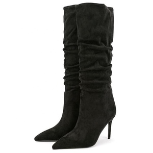 รองเท้าบูทผู้หญิงลายวัว ความยาวถึงเข่า ส้นบาง ผ้าเดนิม แต่งลายงูแบบจีบ สำหรับผู้หญิงไซส์ใหญ่พิเศษ 47 รองเท้าบูททรงยาว - Product Image 5