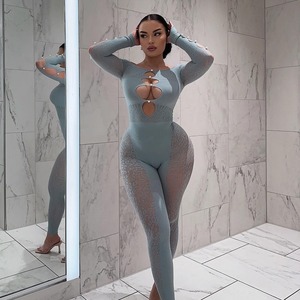 Jumpsuit Wanita Berbahan Mesh dengan Aksen Mutiara, Model Bodycon Lengan Panjang dan Potongan Cutout - Product Image 1
