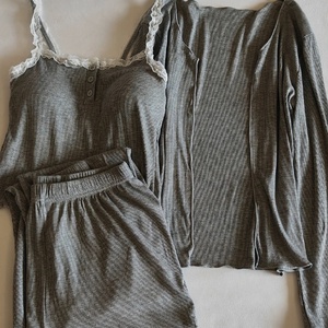 <strong>2026</strong> Custom Girl Cardigan Knitted Sleepwear Women Summer <strong>Cotton</strong> Pajamas Set Ribbed Oversized Womens 3 Piece Lounge <strong>Wear</strong> Sets - Product Image 4