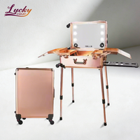 Valise de maquillage professionnelle télescopique en aluminium avec lumières et haut-parleurs Bluetooth, chariot portable pour maquillage