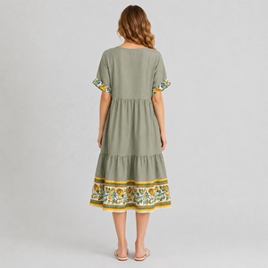 Vestido Midi Boho Verde Salvia para Mujer, Mezcla de Lino, Estampado Floral, Manga con Volantes, Estilo Casual - Product Image 3