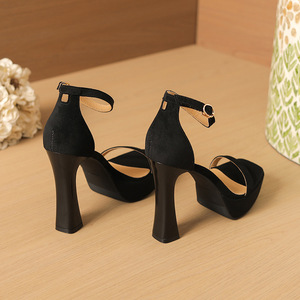 Escarpins à talon carré et plateforme pour femme, à bout ouvert, avec bride cheville, couleur unie, hauteur de talon 5-8 cm - Product Image 4