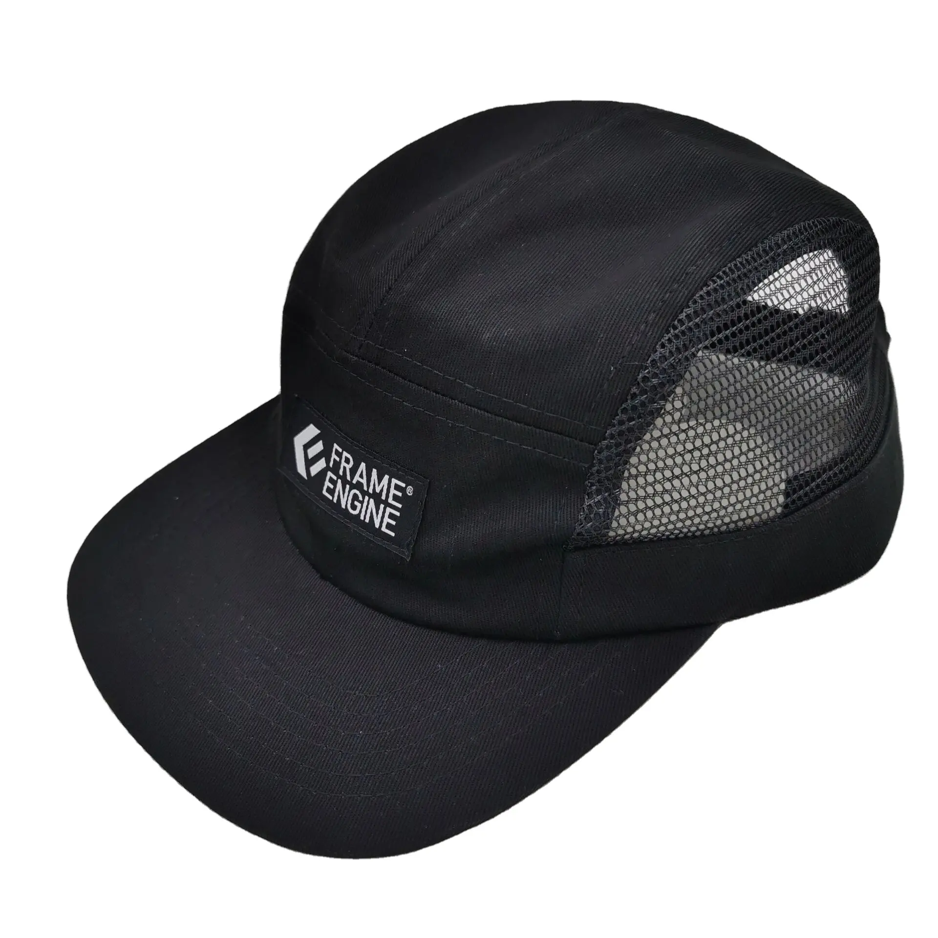Sarja de algodão de qualidade superior preto etiqueta tecida 5 painel cap campista snap plástico ajustável ventile malha chapéu esportes ao ar livre e cap