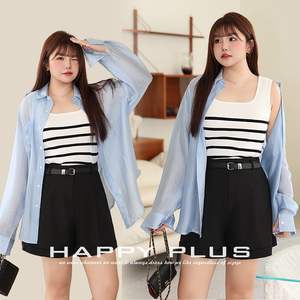 ชุดเสื้อชีฟองสำหรับผู้หญิงของรันฉี พร้อมเสื้อกล้ามลายทางและกางเกงขาสั้นเอวสูง ชุดลำลองสามชิ้นไซส์ใหญ่ รุ่น N8670 - Product Image 5