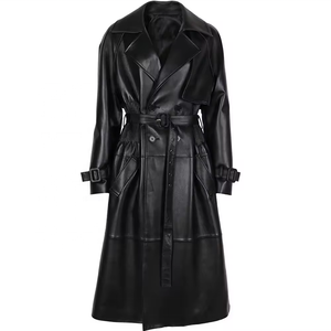 Chaqueta de diseño de textura de mangas para mujer Chaquetas de cuero negro Gabardina larga de temporada de otoño de China - Product Image 1