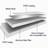 Panneau composite en aluminium ACM ignifuge A2, avec âme minérale, pour bardage extérieur, finition bois, marbre ou métal, pour façade.