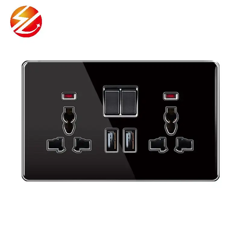 BS UK Standard black Wall switch socket Full glass single Twin 13A plug outlet double USB Charge Good quality universal socket
