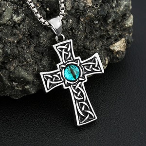 yunnique <b>Cross</b> Pendant Necklace Stainless Steel Men's Viking Knot Design Turquoise Inlay Gift Jewelry 60cm <b>Chain</b> - Product Image 2