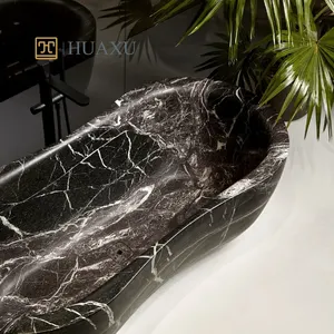 حوض استحمام بيضاوي الشكل من حجر طبيعي بسعر خاص من Huaxu، حوض استحمام أبيض الشكل بعروق من الرخام الأسود النقي