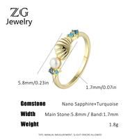 Bague ZG en laiton plaqué or avec perle coquillage mignonne, accent nano saphir et turquoise, pour usage quotidien, thème océan