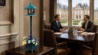 Mangeoire à oiseaux sur pied haut avec base de pot de fleurs, toit de gazebo, en plastique résistant aux intempéries, sur piédestal, écologique, résistant à la rouille, design antique, pour extérieur