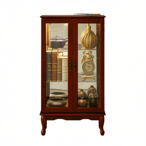 Royal Oak Curio Display Cabinet With Adjustable Shelves <b>Mirrored</b> <b>Back</b> Tempered Glass <b>Doors</b> Mahogany Wood Antique Style - Product Image 1