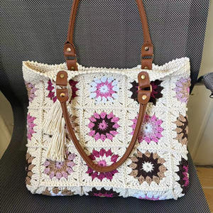 Crochet Rope Braided Tassel Square Sunflower Pattern <strong>Red</strong> <strong>Handbag</strong> with Polyester Lining Woven Design - Product Image 3