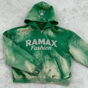 Sudaderas con capucha para hombre al por mayor, personalizadas, con lavado ácido, efecto desgastado, con cremallera completa, oversize, diseño de pedrería, de algodón de alta calidad 500 g/m², estilo streetwear - Product Image 1