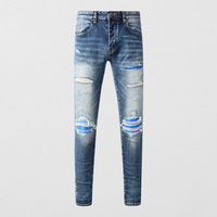 Pantalon slim en jean 100 % coton délavé bleu style hip-hop urbain euro-américain pour homme avec accents mi-printemps YAOTON