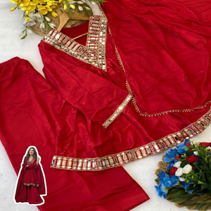 Red Embroidered Silk <b>Shawl</b> with Mirror Work Traditional Indian & Pakistani Women's Wear Breathable Daily Wear - Product Image 6
