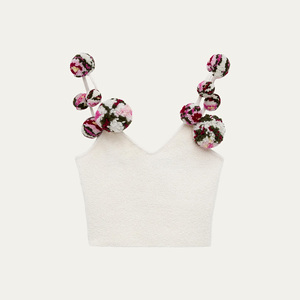 Top Corto de Punto Blanco con Tirantes de Pompones Florales Coloridos, Cuello en V, Sin Mangas, Top de Fiesta para Mujer - Product Image 3