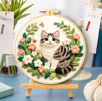 Décoration Murale Artisanale en Coton Brodé Stéréo, Motif Chat Mignon et Fleur, Style Art Déco, Idéal pour la Maison, Cadeau de Mariage, Artisanat