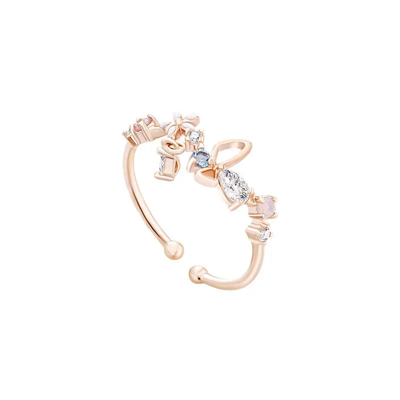 Anéis de diamante com flor em ouro rosado, ajustável, anéis e joias para mulheres