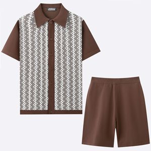 Ensemble de cardigan en tricot jacquard décontracté pour <span class=keywords><strong>homme</strong></span>, printemps-<span class=keywords><strong>été</strong></span>, 2 pièces, style streetwear, haut à manches courtes et short, ensemble deux pièces, costumes pour <span class=keywords><strong>homme</strong></span> - Product Image 6