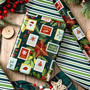 Christmas aluminum gift wrapping <b>paper</b> with stamps featuring <b>leaf</b> patterns Green diagonal stripes Customizable - Product Image 2