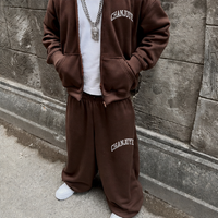 Ensemble survêtement homme en molleton épais 100 % coton avec logo personnalisé, sweat à capuche zippé et pantalon de jogging tricoté
