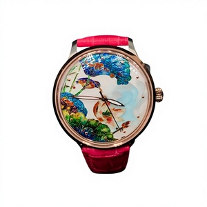 Reloj de Lujo con Pintura China, Esfera Plateada con Diseño de Flor de Loto Esmaltada, Reloj Mecánico con Correa de Cuero y Cierre Personalizable - Product Image 5