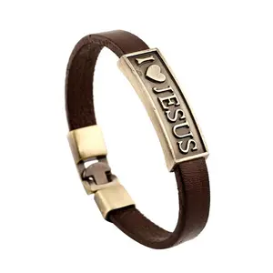 Мужской винтажный браслет на запястье из натуральной кожи с Золотой Гравировкой «Я люблю Иисуса»