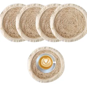 Modern basit saman dokuma placemat mısır kabuğu dokuma mat saçaklı kenar kalınlaşmış yalıtımlı placemat küçük fincan yastık masa mat