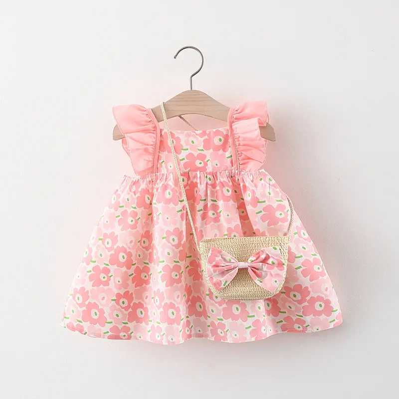 2022 Summer Children's Clothing New Girl's Flower Print Dress Baby Girl Ruffle Sleeve Kids Dress with Bag