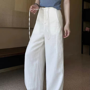 Nachhaltige, umweltfreundliche Leinenmischung, einfarbige Hose mit mittelhohem Bund, Kordelzug, Taschen und weitem Bein für Damen, atmungsaktive Sommer-Arbeitskleidung online - Product Image 1