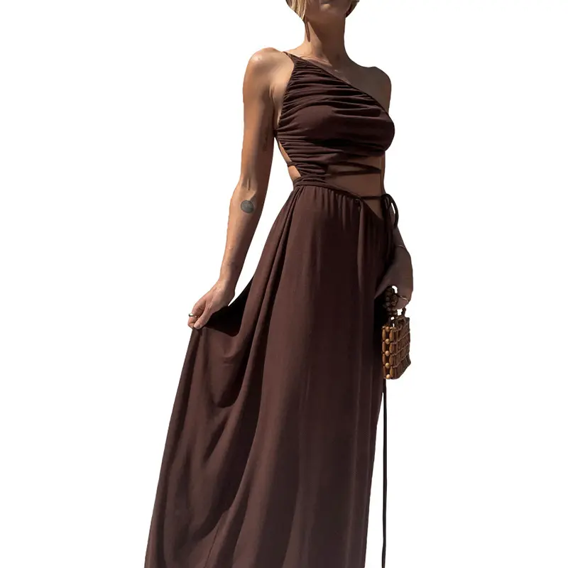 Fashion Trendy Chic Women Summer Holiday Outfit One Shoulder Brown Casual Dresses Backless Cut Out High Split Maxi Dresses