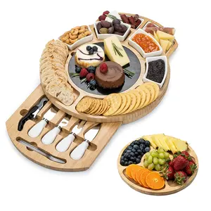 Hot Selling Bamboo Charcuterie Board Set Cheese Platter Serving Tray Bamboo Cheese Cutting Board Marble Bamboo Cheese Board Set