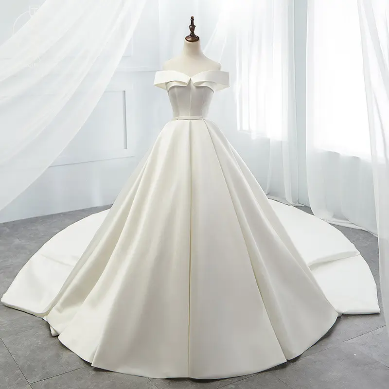 Off Shoulder Vintage Strapless High Low Hem Sweep Train Satin Ball Gown 2021 Summer Bubble Skirt Princess Slim Wedding Dress