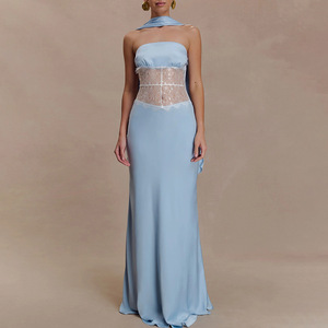 Vestido de noche sin tirantes con panel de encaje transparente, cintura natural, vestido largo para banquetes y citas. - Product Image 1