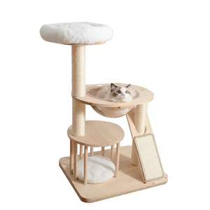Structure d'escalade pour chat en bois massif, style classique moderne, à 4 niveaux, <span class=keywords><strong>avec</strong></span> poteaux en corde de sisal, <span class=keywords><strong>lit</strong></span> pour chat et plateforme de saut intégrés en une seule pièce - Product Image 1