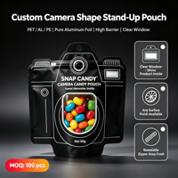 Pochette découpée sur mesure en forme d'appareil photo, sac alimentaire refermable avec fenêtre et trou de suspension, emballage de bonbons en Mylar anti-UV, pochette stand-up OEM, MOQ 100 pièces