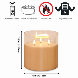 נר לד גדול 15*25 ס\\\"מ מזכוכית, 3 להבות, ללא אש, בטיחותי, עשוי שעווה אמיתית, מופעל על ידי סוללה, עם שלט רחוק וטיימר לבית - Product Image 2