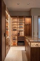 Armoire de luxe Vermonhouzz en bois foncé avec portes vitrées et éclairage LED, dressing intégré avec tiroirs