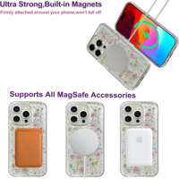 Coque de téléphone sans fil magnétique antichoc en TPU avec fleurs séchées et paillettes, style coréen, pour femmes, compatible avec 17 Pro, 16 Pro Max, 15 Plus