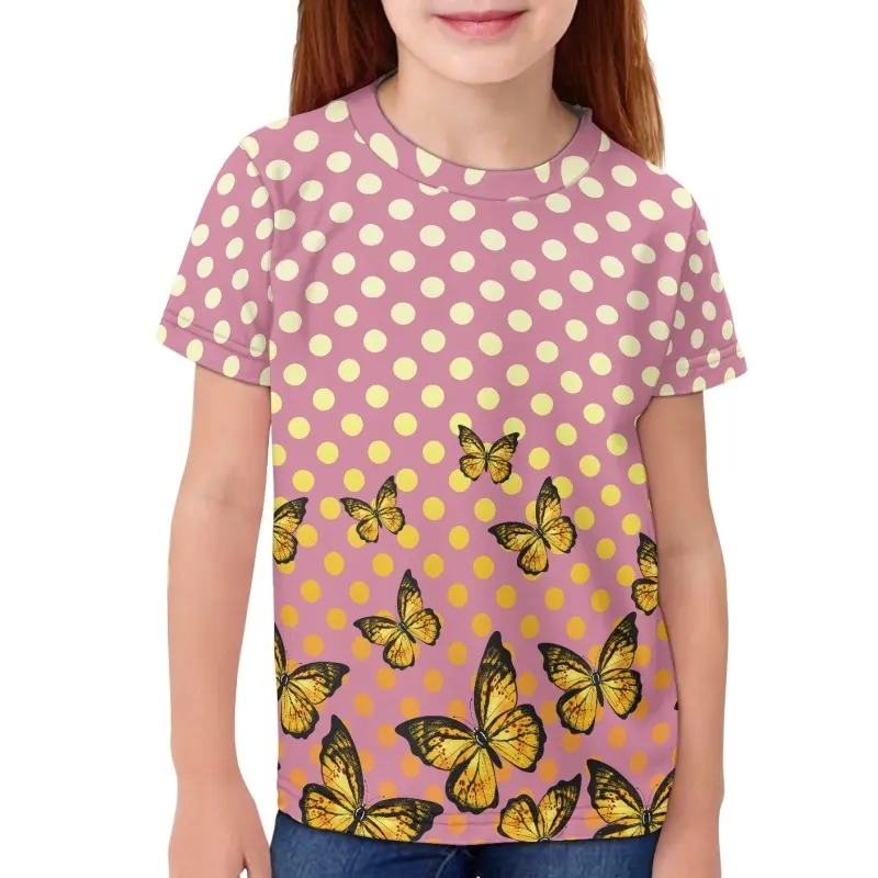 Transferencia de calor OEM para camisetas, camiseta personalizada con estampado de mariposas y lunares rosas, camiseta de dibujos animados para niños con bonitas mariposas