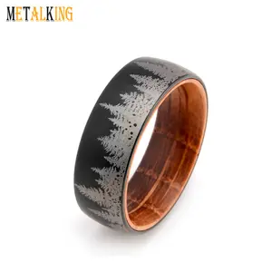 8mm Brushed Black Tungsten Carbide Ring Lasered Forest Landscape with Whiskey Barrel Oak Wood Sleeve Men's Wedding Band